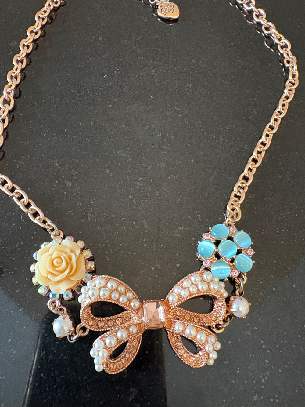 Gold-Tone Bow & Floral Statement Necklace - Yellow & Turquoise - Picture 5 of 6